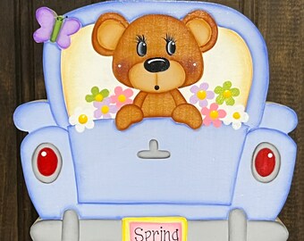 Spring Bear in a Pickup Truck - Tiered Tray - Spring - Tole Painting - Wood