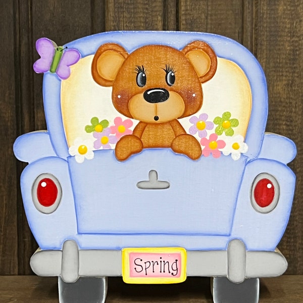 Spring Bear in a Pickup Truck - Tiered Tray - Spring - Tole Painting - Wood