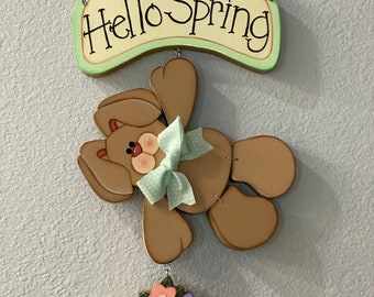 Hello Spring Hand Painted Bunny Hanging - Easter - Tole Painting