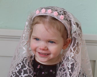 Mid Length Girls Headband Veil - Flower embellishment - Various Color Options - chapel veil, mantilla, Catholic, head covering