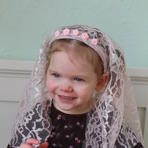 Mid Length Girls Headband Veil Flower embellishment Various Color Options chapel veil, mantilla, Catholic, head covering Bild 1