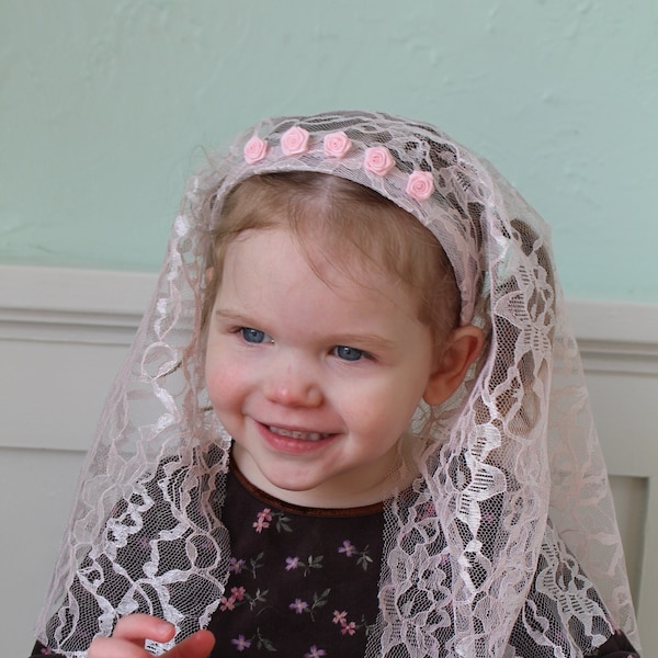 Mid Length Girls Headband Veil - Flower embellishment - Various Color Options - chapel veil, mantilla, Catholic, head covering