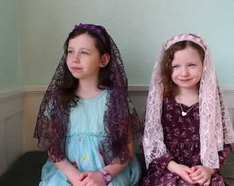 Long Length Girls Headband Veil - Flower embellishment - Various Color Options - chapel veil, mantilla, Catholic, head covering