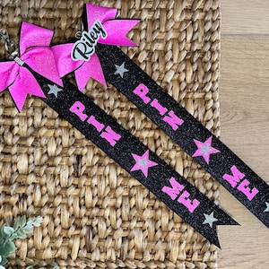 Pin Me Cheer Competition Tag Ribbons, Customizable Glitter Colors + Add Personalized Name