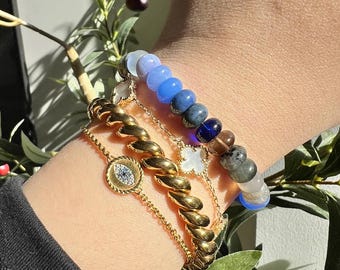 Gold Ombre Layer Rainbow Gemstone Bracelet 6.25 inches Bohemian Chic Necklace - Fall Blues