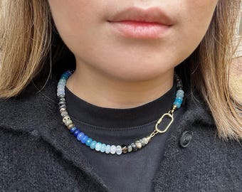Gold Ombre Layer Rainbow Gemstone Necklace 16.5 inches Bohemian Chic Necklace - Neutral Blue