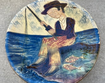 12" Majolica PUIGDEMONT Spanish French Ceramic Fishing Art Pottery Plate