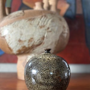 Mid Century Modern Weedpot, Studio Pottery Vase by Kwatz Pottery, Art Pottery, Speckled Lava Glaze