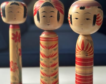 Trio of Naruko Japanese Kokeshi Dolls Set, Made in Japan signed
