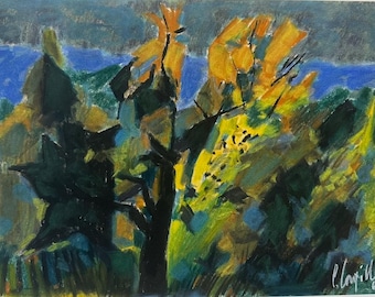 Mid Century Modern, 1966 Chalk Pastel French Landscape by Paul Coupille