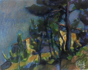 Mid Century Modern, 1966 Chalk Pastel French Landscape by Paul Coupille