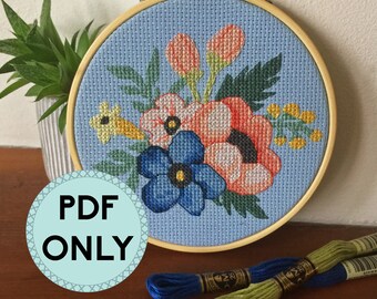 Floral on Blue Ground Cross Stitch PDF Pattern