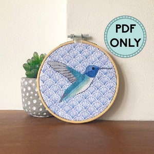 Kolibri korsstygn PDF-mönster - Modernt räknat korsstygn - Svart arbete - Handbroderi - Nålspetsramkonst - DIY fågel - Natur