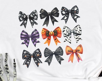 Coquette Halloween Bows Unisex Short Sleeve Tee | Halloween Bows | Halloween Coquette Bows | Cute & Spooky Bow Pattern 3x3 Design