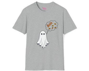 May include: A gray t-shirt with a white ghost graphic and a thought bubble that says "BOO" with bees inside.