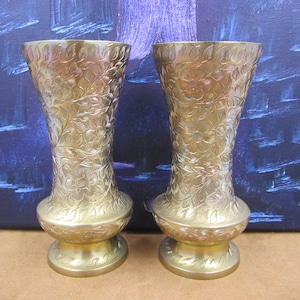 Vintage pair of etched brass vases and/or tea light candle holders
