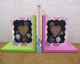 Beautiful & colourful wood bookends with heart shape photo frames