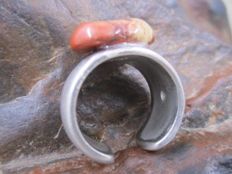 Unisex red agate matte silver adjustable ring