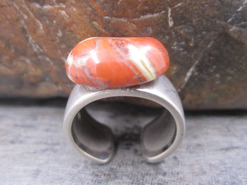 Unisex red agate matte silver adjustable ring