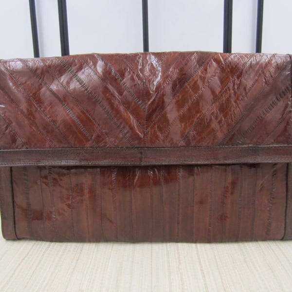 Cognac brown eel skin envelope style shoulder/clutch bag with shoulder strap