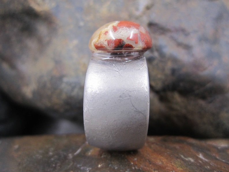 Unisex red agate matte silver adjustable ring