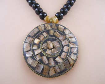 A Lovely Vintage Necklace with a very old brass amulet pendant mosaic style