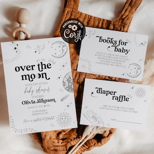 EDITABLE Over The Moon Celestial Baby Shower Invitation w/ Inserts Bundle Invite Retro Neutral Whimsical Editable Template Digital Download