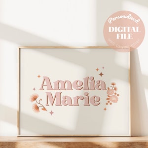 Retro Boho afdrukbare babynaam print DIY kinderkamer decor 70&#39;s Flower Power bloesem aangepaste gepersonaliseerde gift