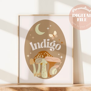 Paddestoel Boho afdrukbare babynaam print DIY kinderkamer decor eenvoudige bloemen aangepaste gepersonaliseerde gift