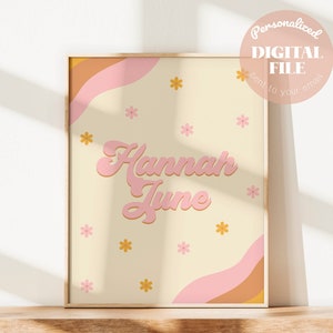 Retro Boho afdrukbare babynaam print DIY kinderkamer decor 70&#39;s Flower Power bloesem aangepaste gepersonaliseerde gift