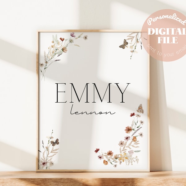 Wildflower Boho Printable Baby Name Print DIY Nursery Decor Simple Floral Custom Personalized Gift