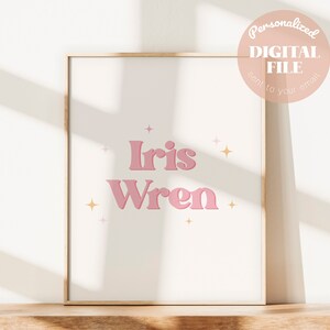 Retro Boho afdrukbare babynaam print DIY kinderkamer decor 70&#39;s Flower Power bloesem aangepaste gepersonaliseerde gift