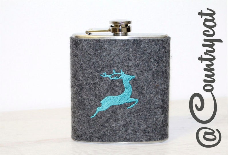 Flachmann with felt cover, anthracite/turquoise, hiking, skiing, liquor, felt, deer, merino felt image 1