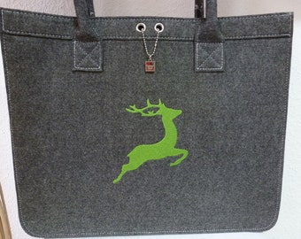 Elegante Filztasche mit gesticktem Hisch, limegreen, Filzshopper, Tasche, Umhängen, Einkaufen, Umhängetasche, Filz, Felt, bestickt