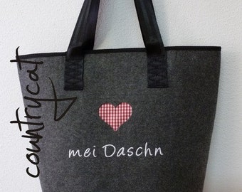 Filzshopper "mei Daschn" weiss/mit Caroherz, Filzshopper, Tasche, Umhängen, Einkaufen, Umhängetasche, Filz, Felt, bestickt