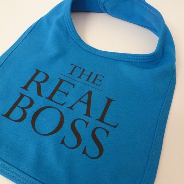 Baby bib "The real boss" blue