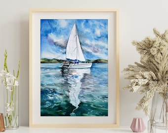 Original Watercolour Seascape with Sailboat, Nautical Wall Art, Unique Sailing Gift