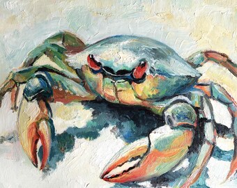 Crab Oil Painting, Colorful Coastal Wall Art, 10x12 inches