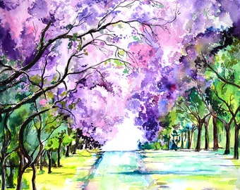 Jacaranda Alley Sydney aquarelle impression à partir de la peinture originale d'art arbres violets
