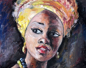 Retrato de mujer africana, pintura al óleo original sobre lienzo, arte mural audaz y colorido.