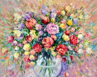 Obra de arte de rosas, vibrante pintura al óleo con técnica impasto floral, arte mural texturizado de 24x24 pulgadas.