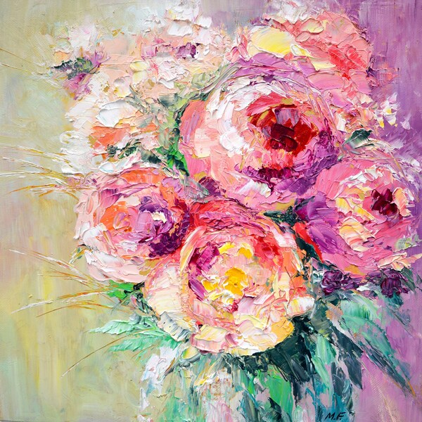 Peonies Painting, Original Art, Commission Art, Peonies Bouquet Artwork, Impasto Oil Painting, Peony Wall Art