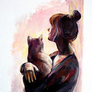Femme avec chat, peinture à l'huile originale, art figuratif sur toile, art mural amateur d'animaux de compagnie