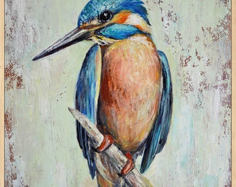 Australian Kingfisher Bird Original Oil Painting, Unique Bird Portrait Wall Art