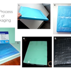 Puede incluir: Una gu&iacute;a paso a paso sobre c&oacute;mo empaquetar una pintura para el env&iacute;o. La pintura se envuelve en pl&aacute;stico de burbujas azul, luego se coloca en una caja de espuma verde y finalmente se sella con cinta negra.