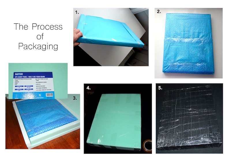 Puede incluir: Una gu&iacute;a paso a paso sobre c&oacute;mo empaquetar una pintura para el env&iacute;o. La pintura se envuelve en pl&aacute;stico de burbujas azul, luego se coloca en una caja de espuma verde y finalmente se sella con cinta negra.