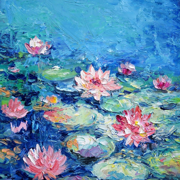 Aangepaste waterlelies op basis van Claude Monet Pond Painting, Impasto Oil Painting, Lotus Painting, Wall Art