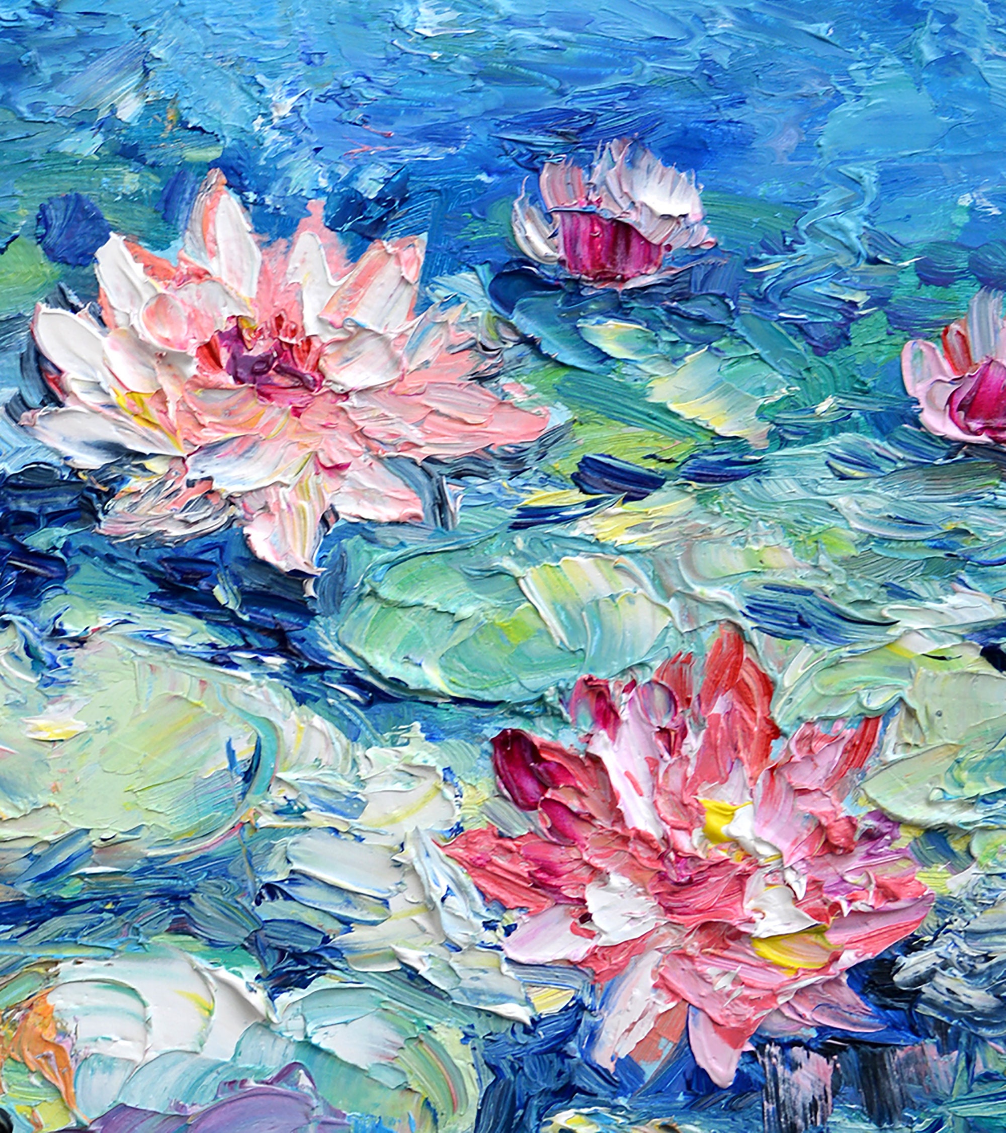 睡蓮 池 癒し オイルパステル 風景画 油絵風 原画 一点もの 絵