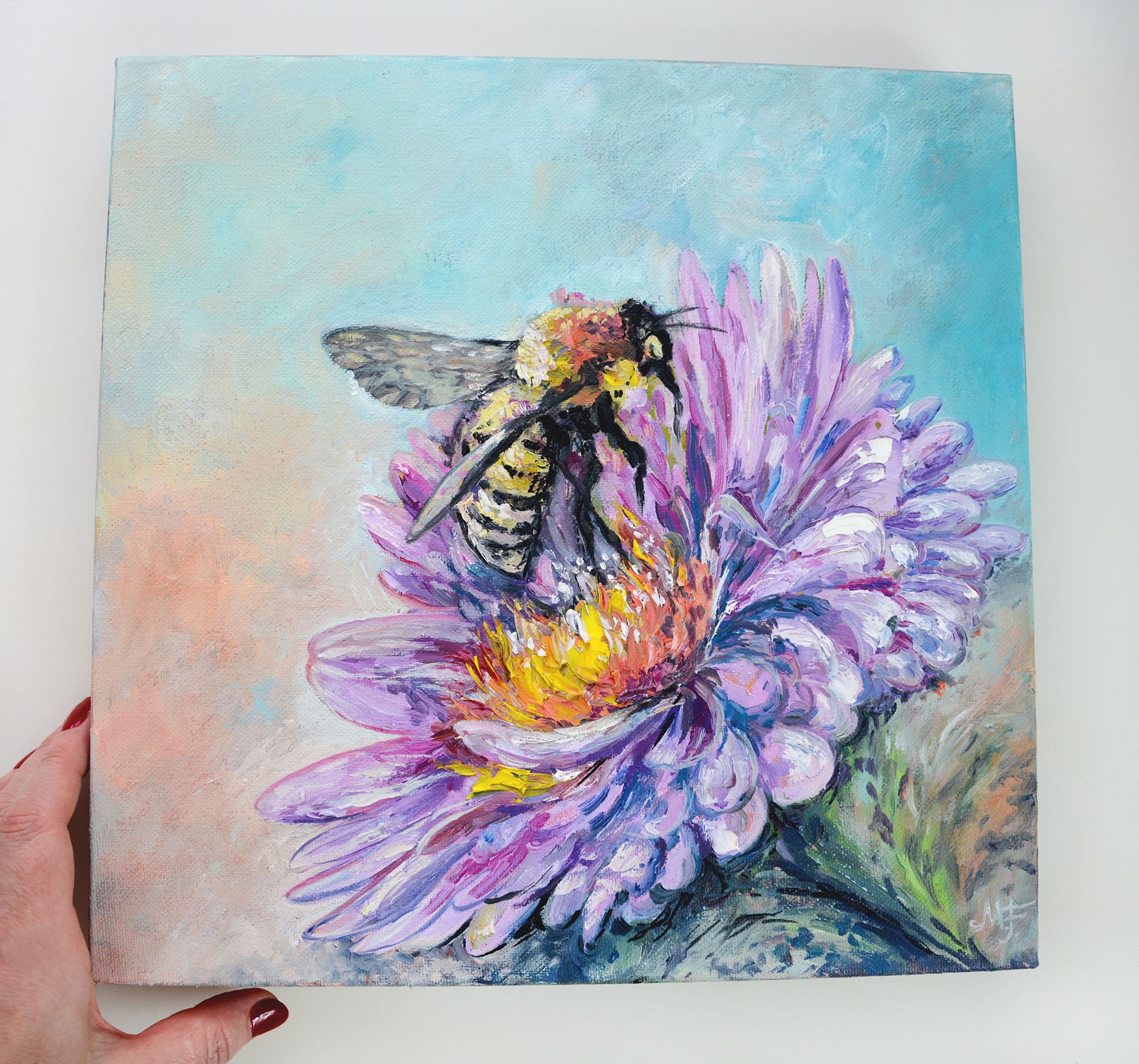 Honey Bee Oil Painting, Impasto Art on Flower, 12x12” Wall Decor - Etsy