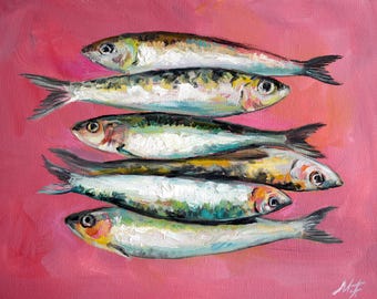 Original Sardines Fish Art, Nautical Wall Decoration, Seafood Oil Painting